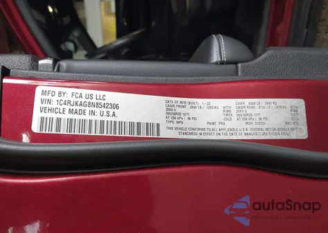 2022 Jeep Grand Cherokee L Altitude 4X4 z USA, uszkodzony, nr VIN 1C4RJKAG8N8542306